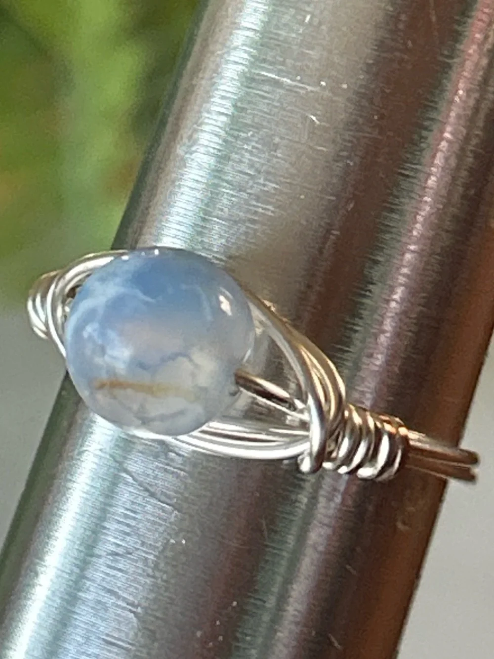 Handcrafted silver tone blue agate wire wrapped crystal ring size 9